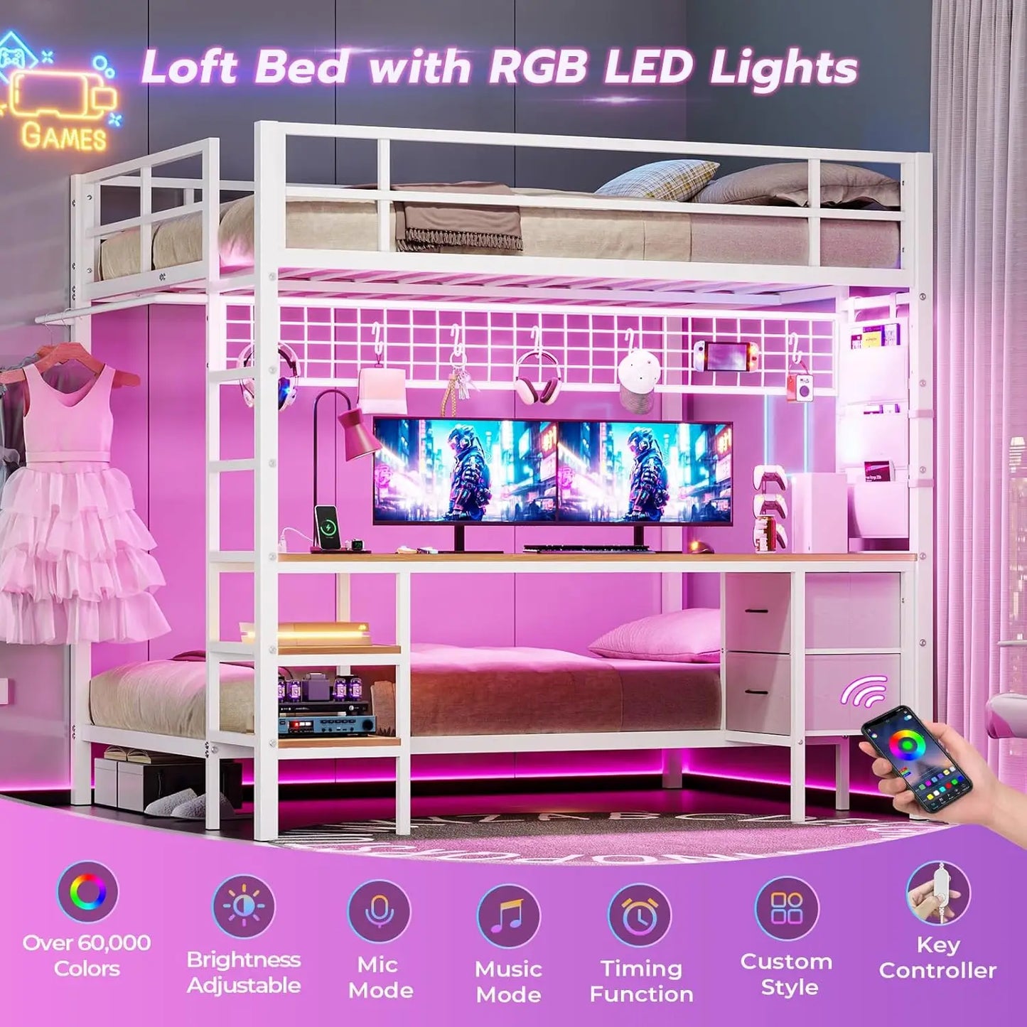 Full Over Twin Bunk Bed with Desk and Led Lights Metal Loft Bed Frame with Charging Station,Storage Shelves and Drawers
