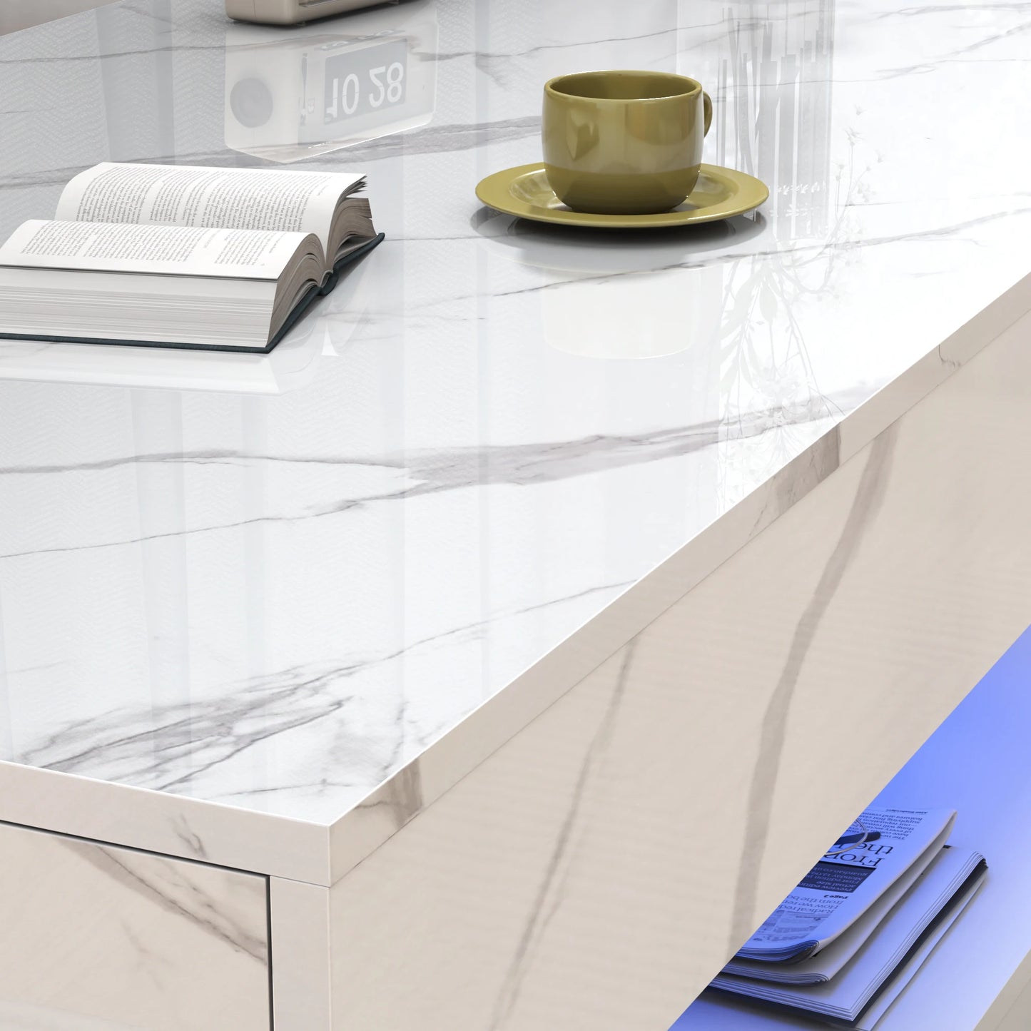 Coffee Table with LED lights, Double-Layer Design for Living Room with 2 Storage Drawers