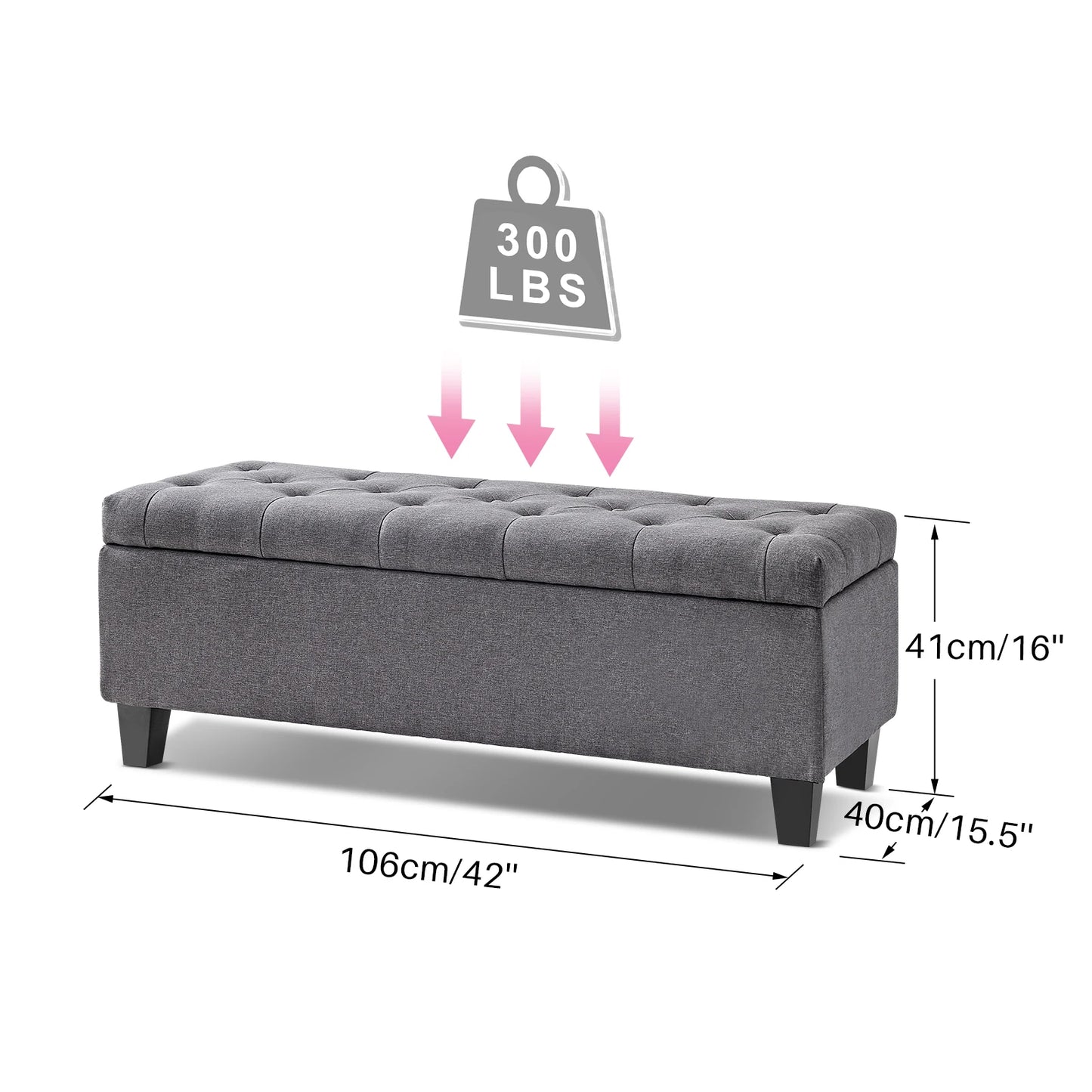 42'' Storage Ottoman Bench, Tufted Entryway Bedroom Bench Footrest Stool w/ Flipping Lid Safety Hinge 66 L Storage Space