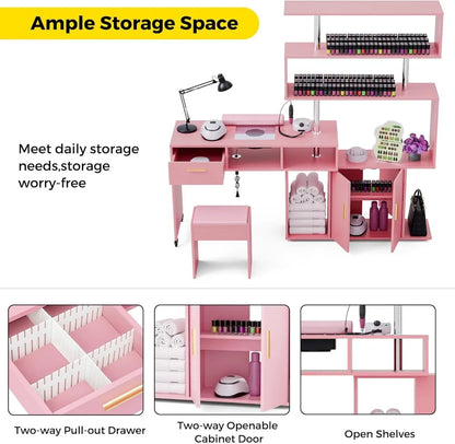 L-Shaped Nail Desk with Dust Collector, Rotating Workstation, Storage Shelves & Stool (Pink)