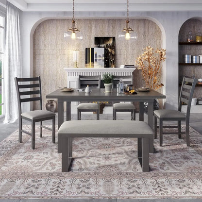 6 piece dining table set, kitchen table set with upholstered dining chairs and tufted bench