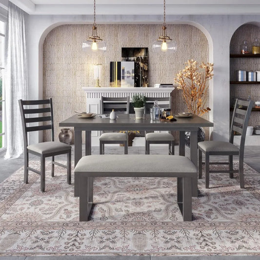 6 piece dining table set, kitchen table set with upholstered dining chairs and tufted bench