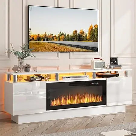 Fireplace TV Stand with 36" Electric Fireplace, 70" LED Light Entertainment Center with Storage,2 Tier Modern Wood Media TV Console