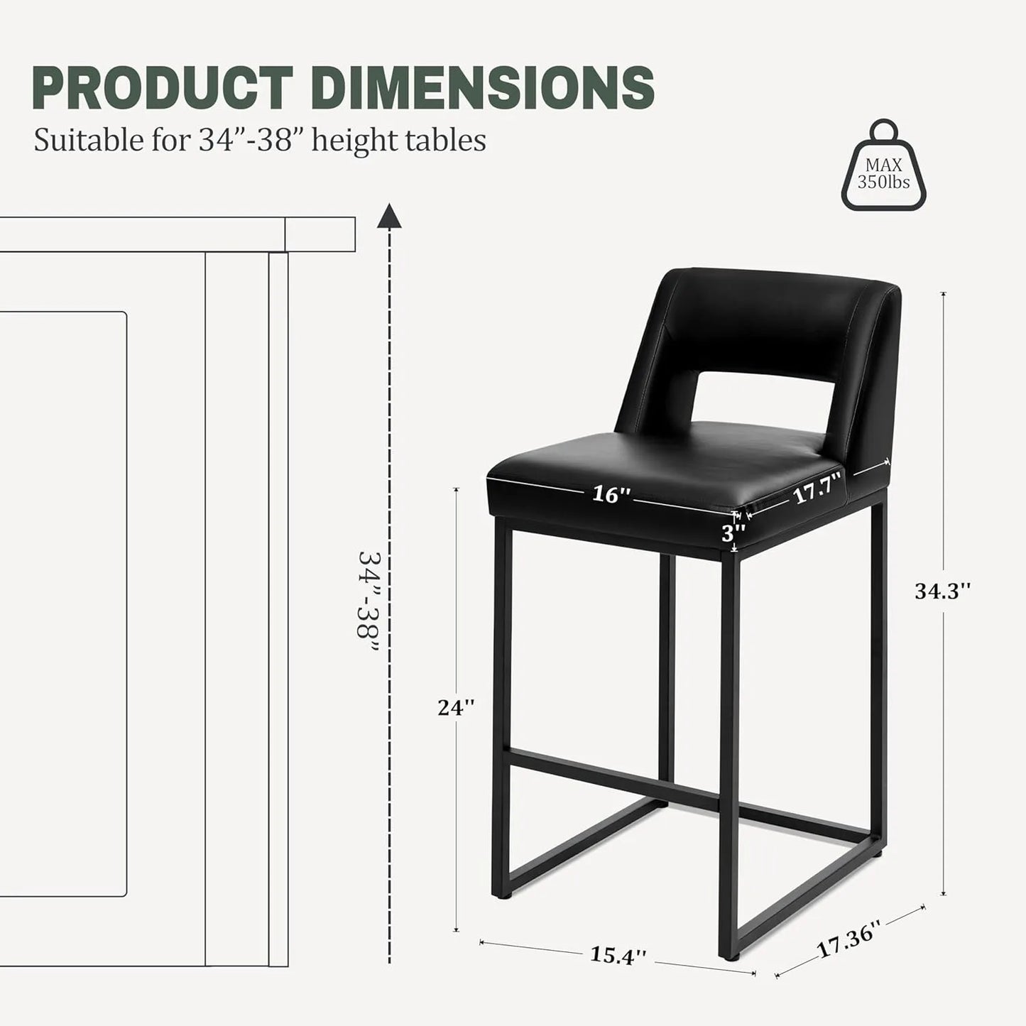 Black Upholstered Counter-Height Bar Stools, Set of 4 – Modern Kitchen Island Chairs with Backs