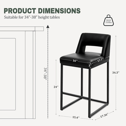 Black Upholstered Counter-Height Bar Stools, Set of 4 – Modern Kitchen Island Chairs with Backs