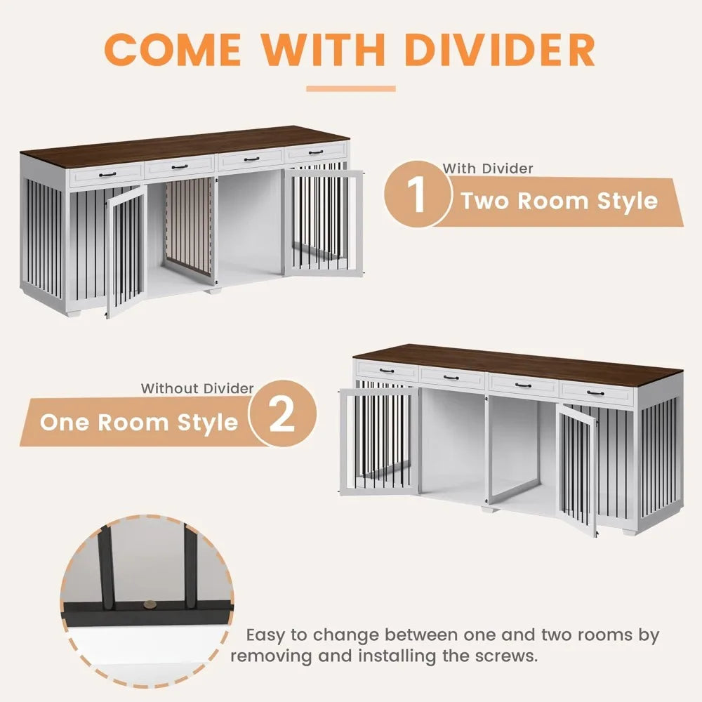 , 92.9" Wooden Dog Crate Kennel with 4 Drawers and Divider, XXXL Heavy Duty Dog Crates