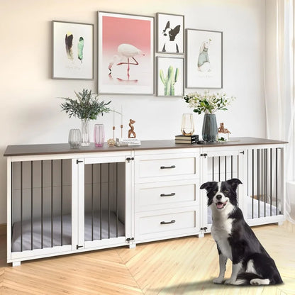Dog Crate - Wooden Dog Kennel Furniture with 3 Drawer, Double Doors with Locks, 95x23x32H, White
