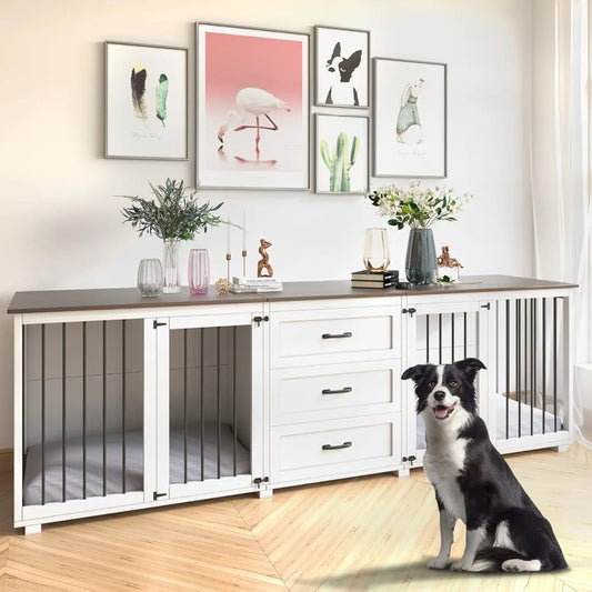 Dog Crate - Wooden Dog Kennel Furniture with 3 Drawer, Double Doors with Locks, 95x23x32H, White