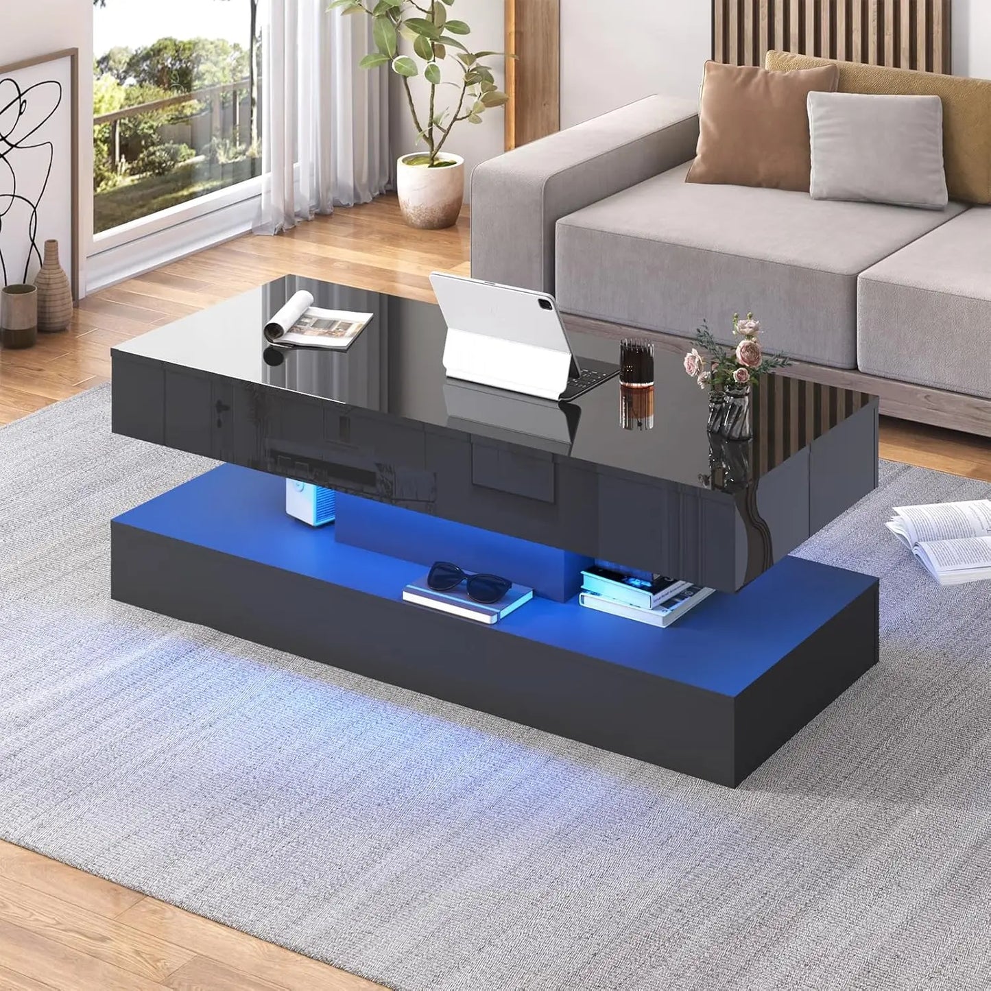Coffee Table with LED lights, Double-Layer Design for Living Room with 2 Storage Drawers