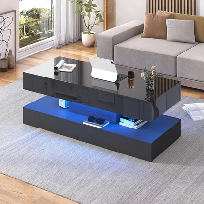 Coffee Table with LED lights, Double-Layer Design for Living Room with 2 Storage Drawers