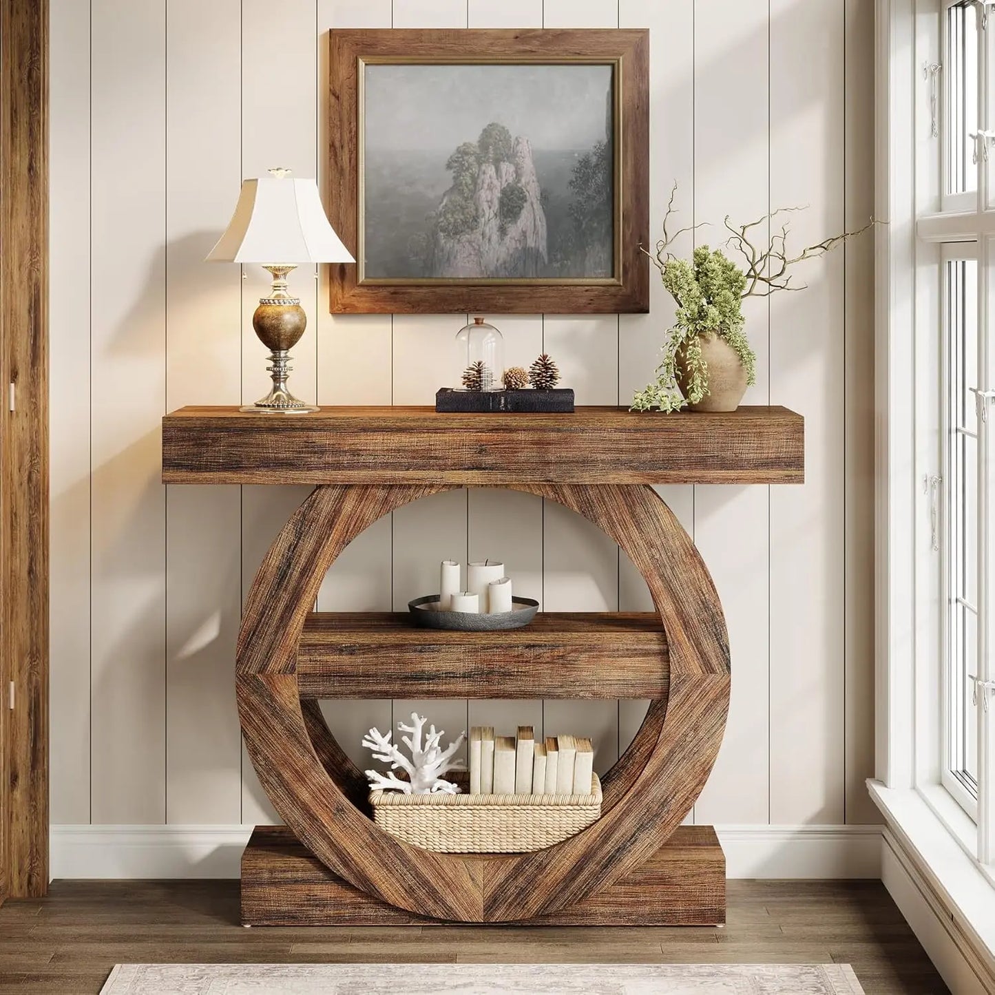 41in 3-Tier Console Table Storage Shelves Farmhouse Rustic Brown