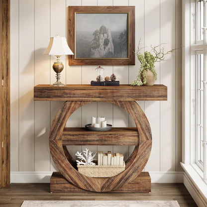 41in 3-Tier Console Table Storage Shelves Farmhouse Rustic Brown