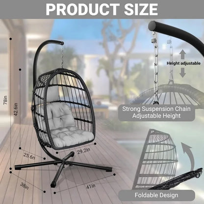 Egg Chair with Stand, Patio Rattan, Wicker, Hanging, Swing, Hammock Chair for Bedroom, Porch, Garden, Thickened Aluminum Alloy