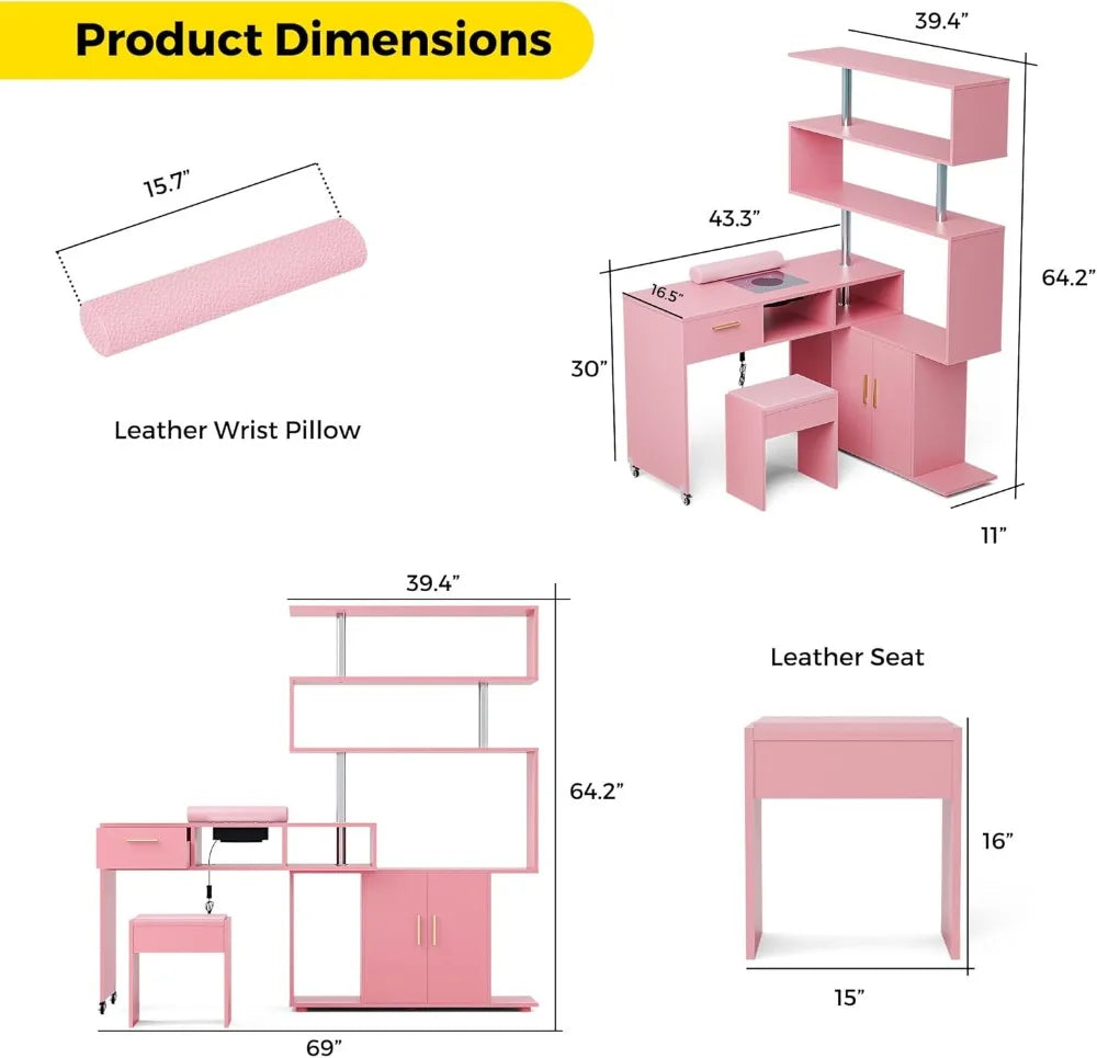 L-Shaped Nail Desk with Dust Collector, Rotating Workstation, Storage Shelves & Stool (Pink)