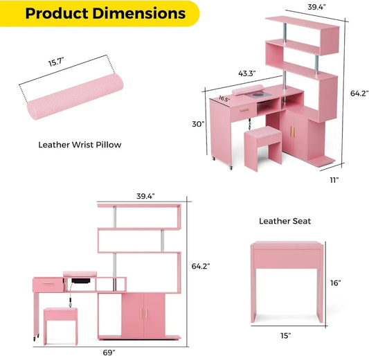 L-Shaped Nail Desk with Dust Collector, Rotating Workstation, Storage Shelves & Stool (Pink)