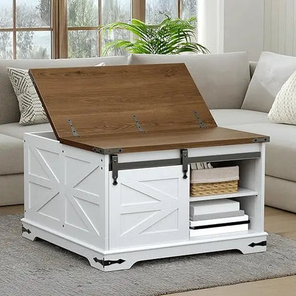Large, Square, White, Farmhouse Coffee Table with Lift-Top Storage