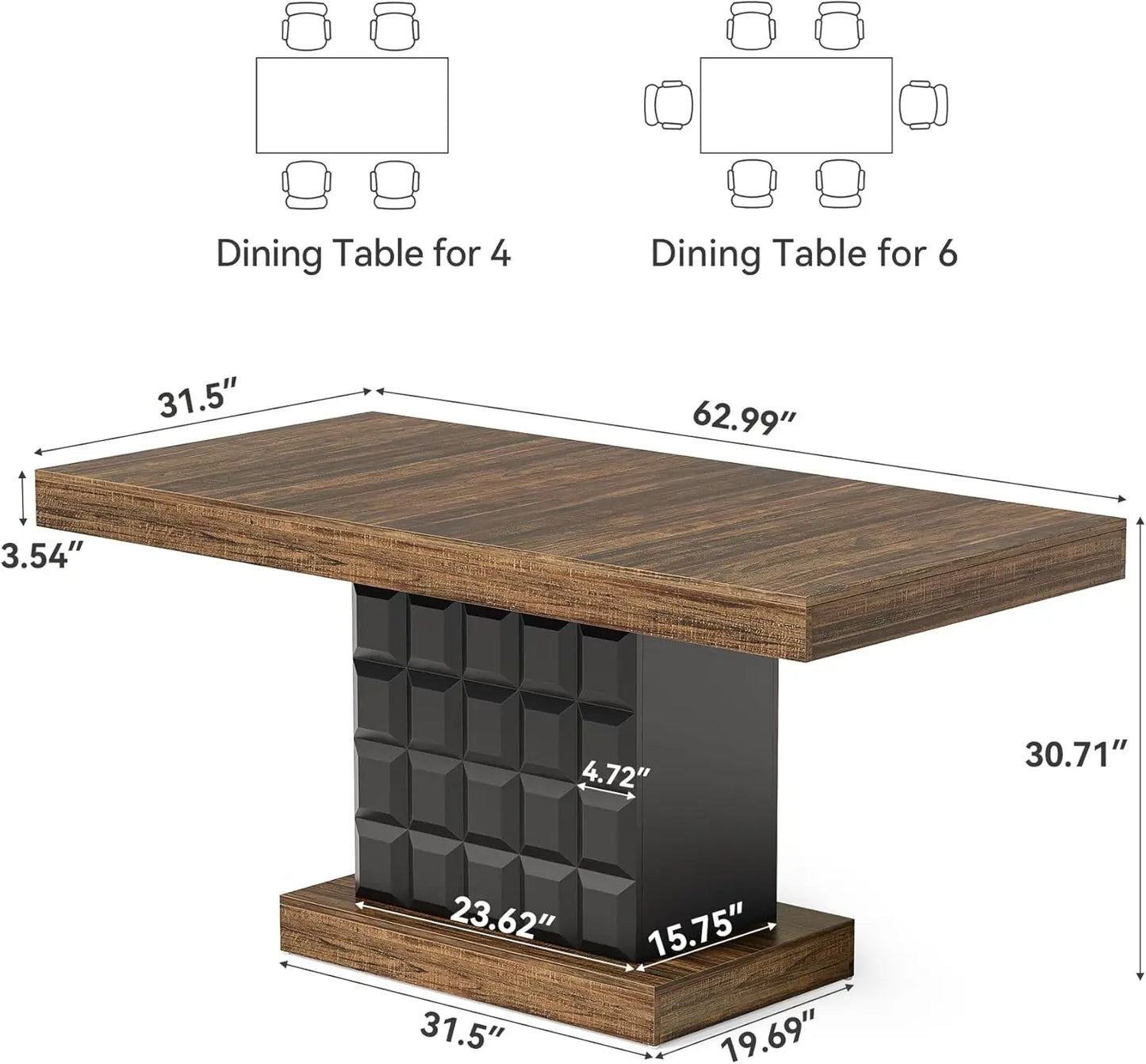Modern Rectangular Dining Table for 4-6, Farmhouse Kitchen Table with Sturdy Wood Pedestal Base in Rustic Brown & Black