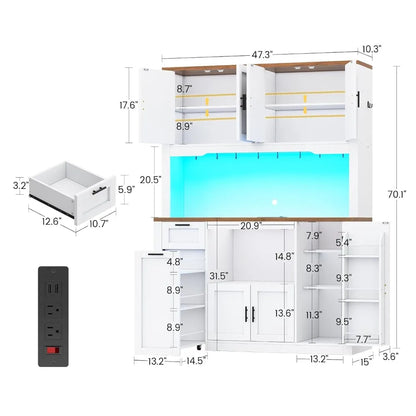 71" Pantry Cabinet with Charging Station and LED Light, Kitchen Pantry Cabinet with Microwave Stand, 47.2" Wide,