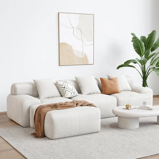 118"  L-Shaped Modular Sectional Sofa , Corduroy Upholstery Beige, Oversized 3-Seater Couch