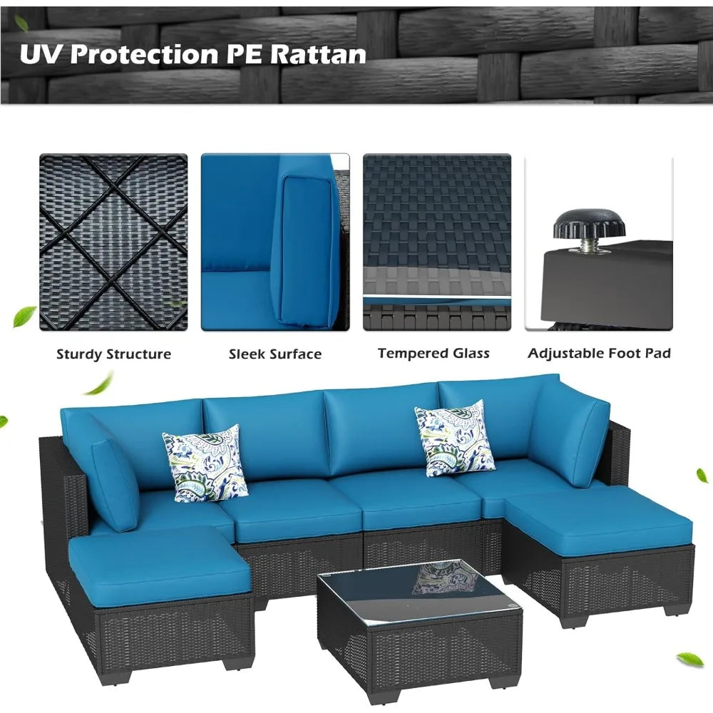 7 Piece Outdoor Patio Furniture Set, PE Rattan Outdoor Wicker Sectional Furniture Chair Set with Cushions and Table