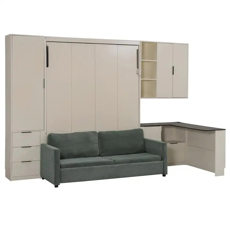 Queen Murphy Bed with Hydraulic, Storage, Sofa, Shelves & Drawers, LED/USB Lights, Beige Panel, Green Couch