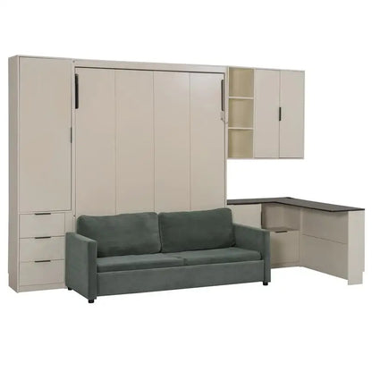 Queen Murphy Bed with Hydraulic, Storage, Sofa, Shelves & Drawers, LED/USB Lights, Beige Panel, Green Couch
