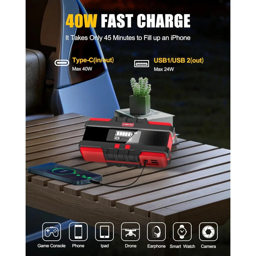 Portable Car Jump Starter, 12L Diesel Engines with 40W Fast Charging Smart LCD Display and Red Warning Light