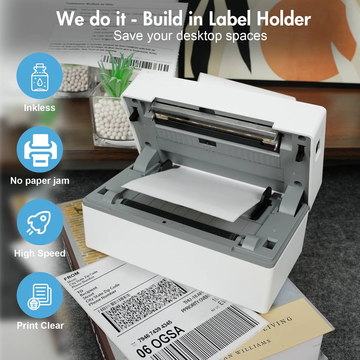 Thermal Label Printer, Portable, No Ink, WiFi, Bluetooth, USB