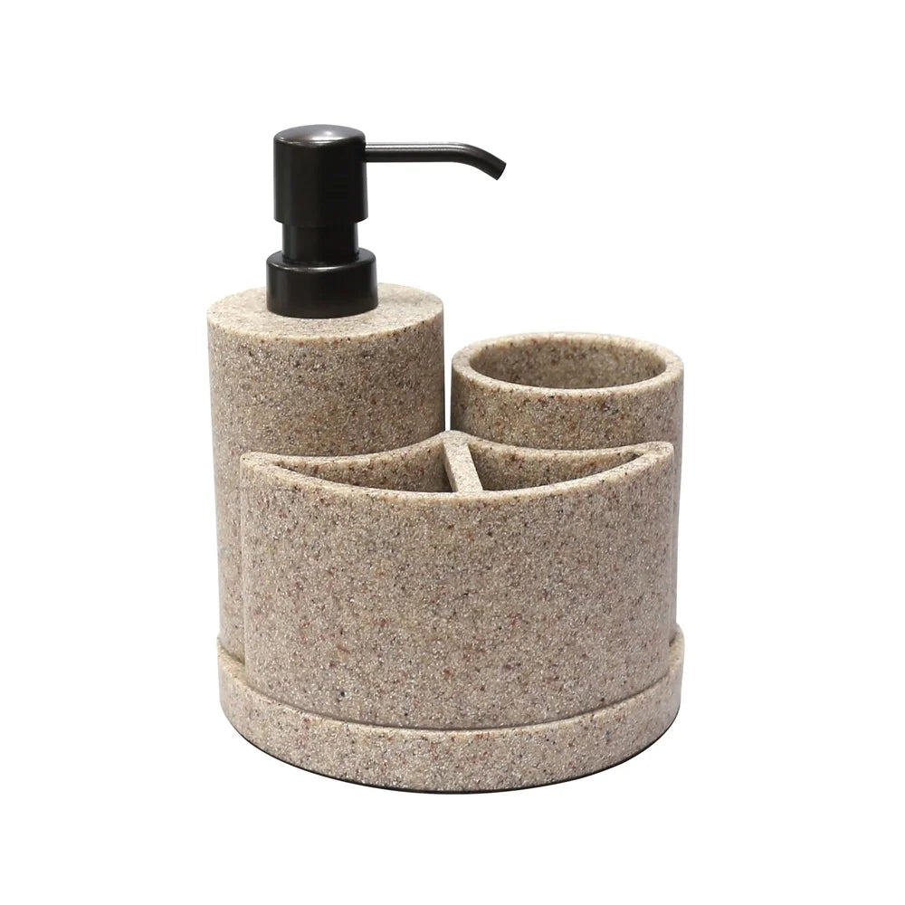 3 Piece Sandstone Bath Accessory Set Soap Pump , Toothbrush Holder, Tumbler , Bathroom Organizer Essential Home Decor