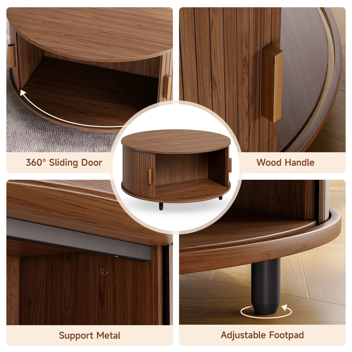 Round Coffee Table with Storage,31.5" Modern Coffee Table with Coffee Table with Sliding Doors