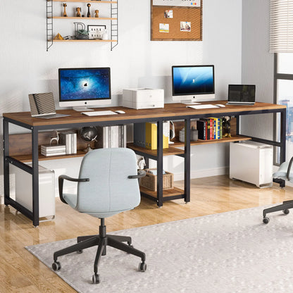 Two Person Desk with Bookshelf,  Computer Office Double Desk for Two Person, Rustic Writing Desk Workstation