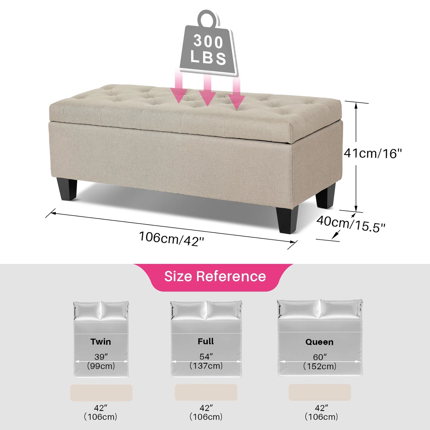 42'' Storage Ottoman Bench, Tufted Entryway Bedroom Bench Footrest Stool w/ Flipping Lid Safety Hinge 66 L Storage Space