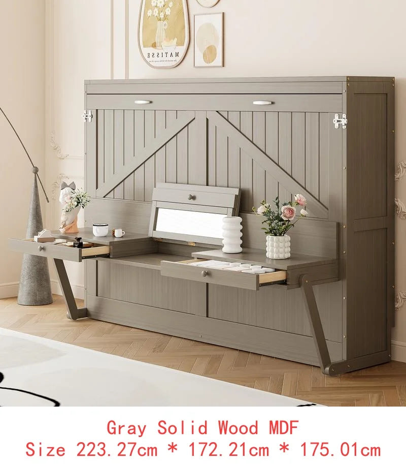 Queen Size Murphy Bed with Storage, Foldable Cabinet Bed with Desk, Center Mirror & 2 Side Drawers, White Finish