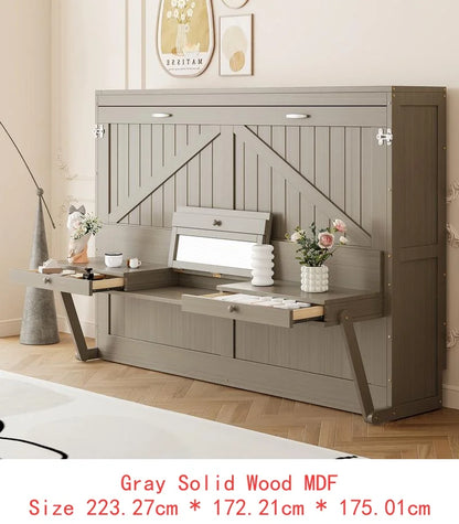 Queen Size Murphy Bed with Storage, Foldable Cabinet Bed with Desk, Center Mirror & 2 Side Drawers, White Finish