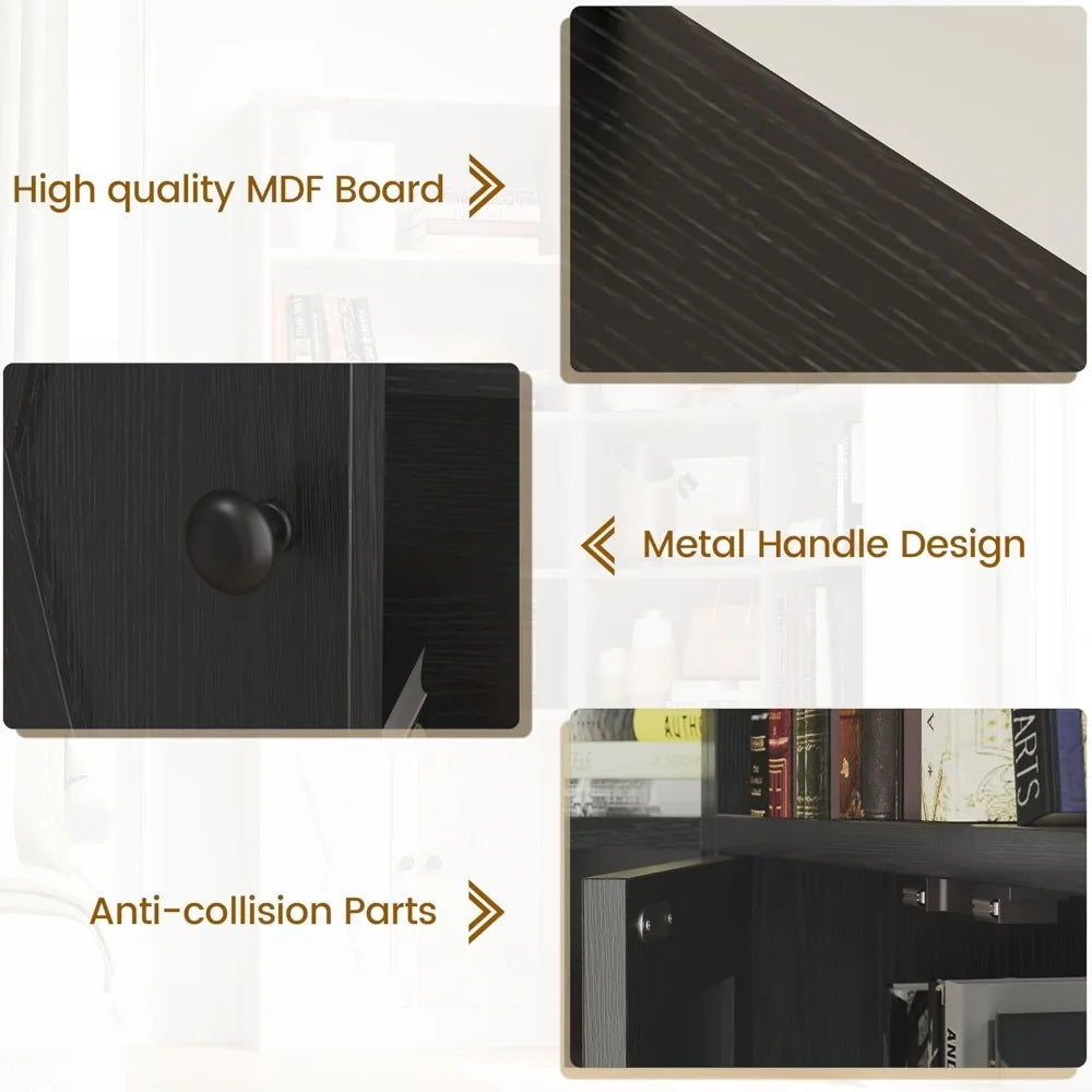 Large Corner Bookshelf with 2 Doors and Storage Cabinets, L-Shaped 7 Tiers Bookcase, 71” Tall