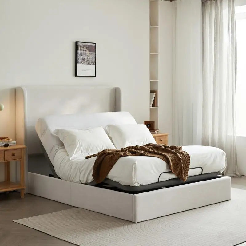 Queen Size Upholstered Wingback Bed with Adjustable Base Bundle Set, Textured Ivory Canvas Chenille, Incline Head & Foot, Zero