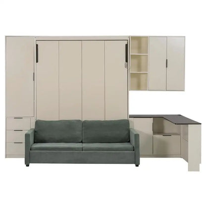 Queen Murphy Bed with Hydraulic, Storage, Sofa, Shelves & Drawers, LED/USB Lights, Beige Panel, Green Couch