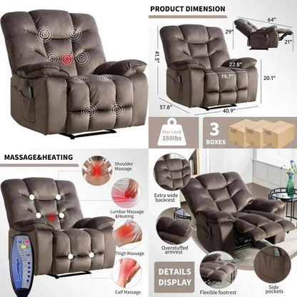 "spacious electric recliners with massage and heating, 41" wide recliner with power functions and usb port, ventilated cover"