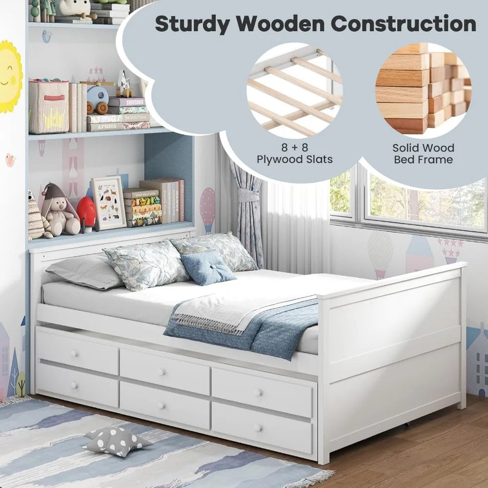 Full Size Bed Frame with Twin Trundle & 3 Storage Drawers, Platform Bed with Headboard & Footboard, Wooden Slats