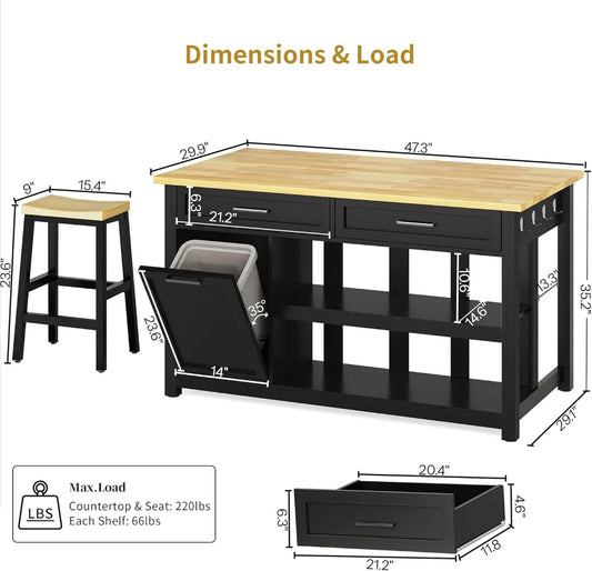 47" Kitchen Island with Storage, Seating - Includes 2 Bar Stools, Trash Can Cabinet, Drawers & Shelves