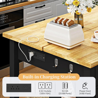 47" Kitchen Island with Storage, Seating - Includes 2 Bar Stools, Trash Can Cabinet, Drawers & Shelves