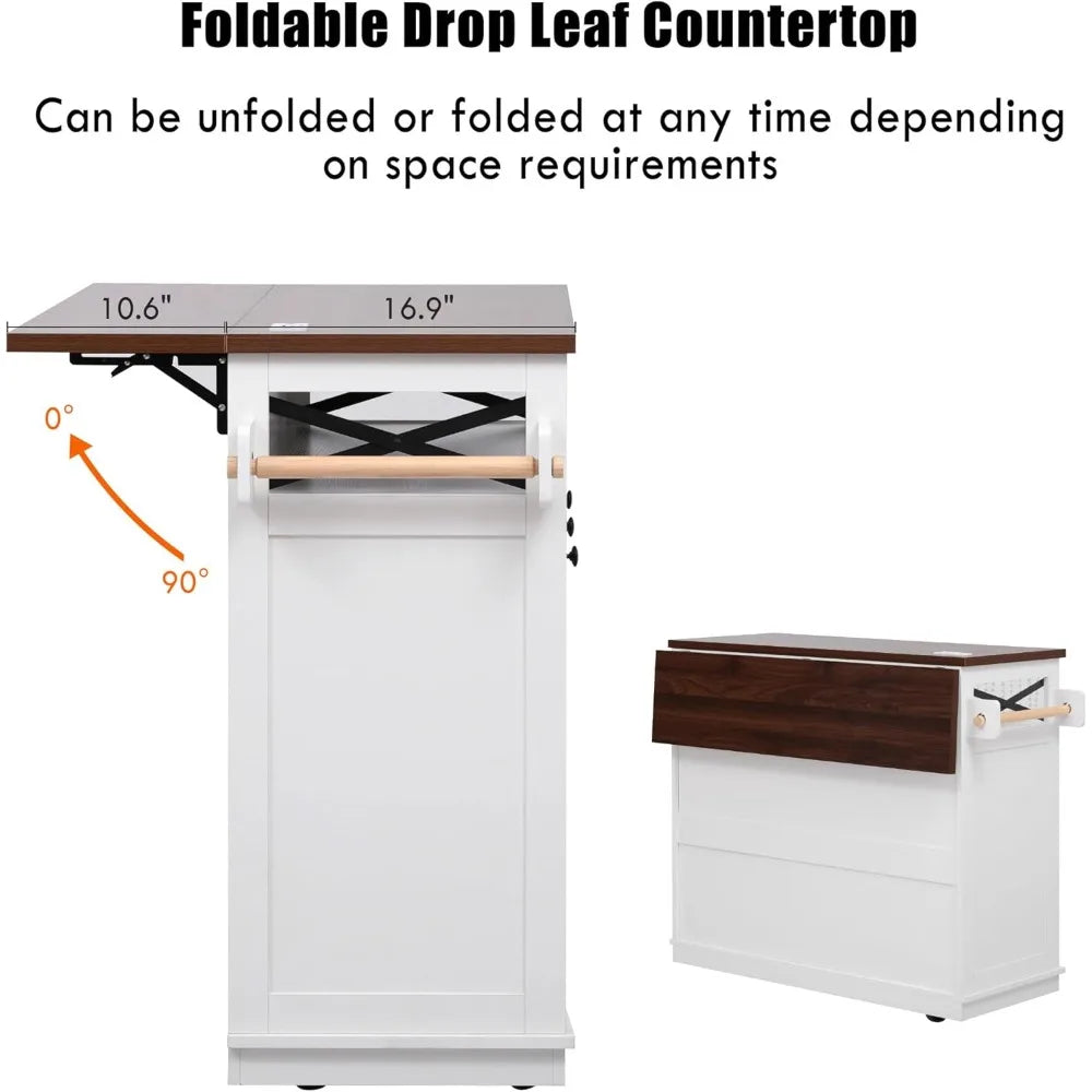 46.5" Farmhouse Kitchen Island with Drape of Beads, Rolling Kitchen Storage Cart on Wheels with Drop Leaf