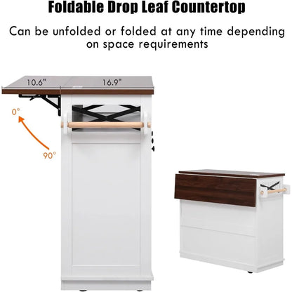46.5" Farmhouse Kitchen Island with Drape of Beads, Rolling Kitchen Storage Cart on Wheels with Drop Leaf