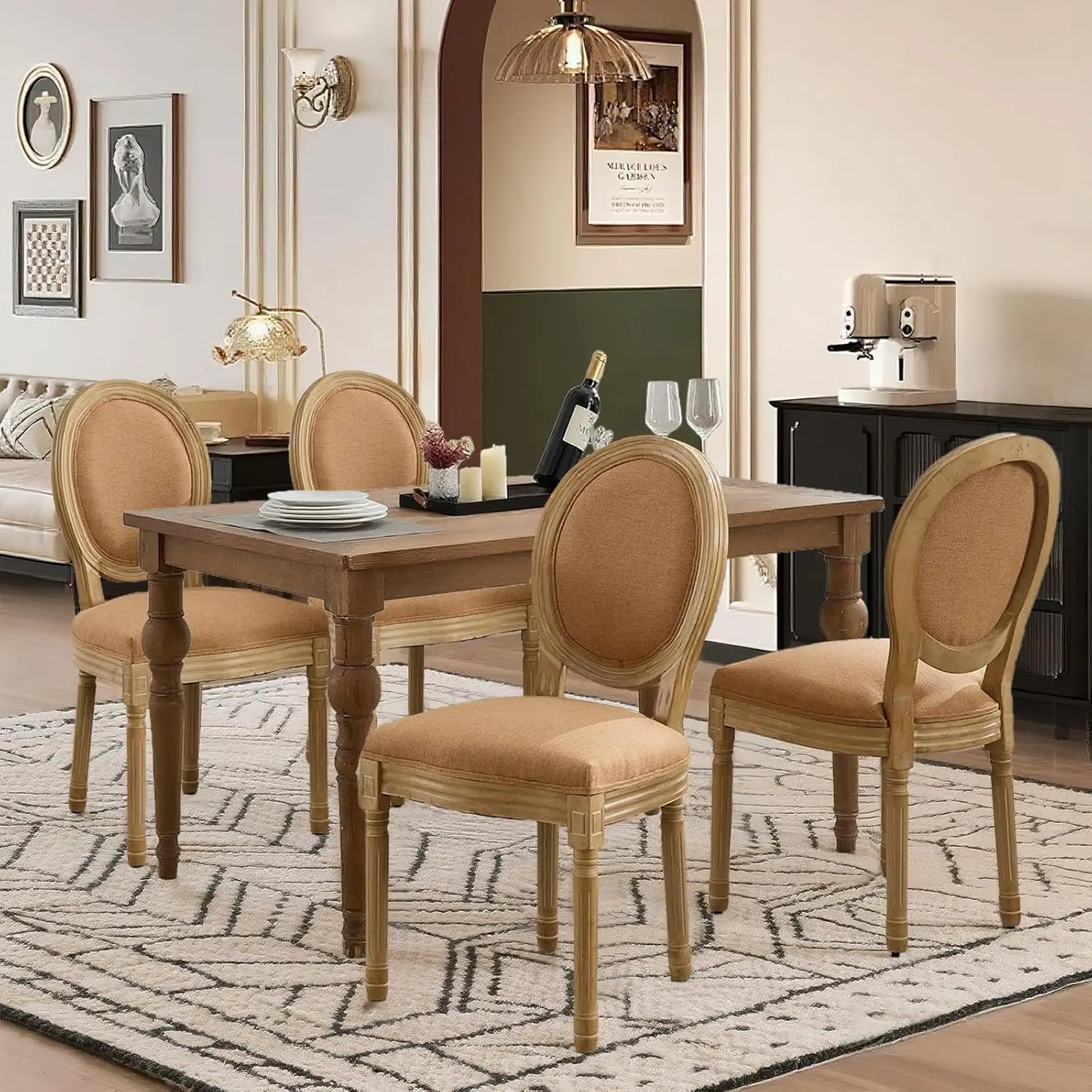 French Dining Chairs Set of 4, Dining Chair with Round Back, Wood Leg Farmhouse Country Rattan Dining Chair for Kitchen,
