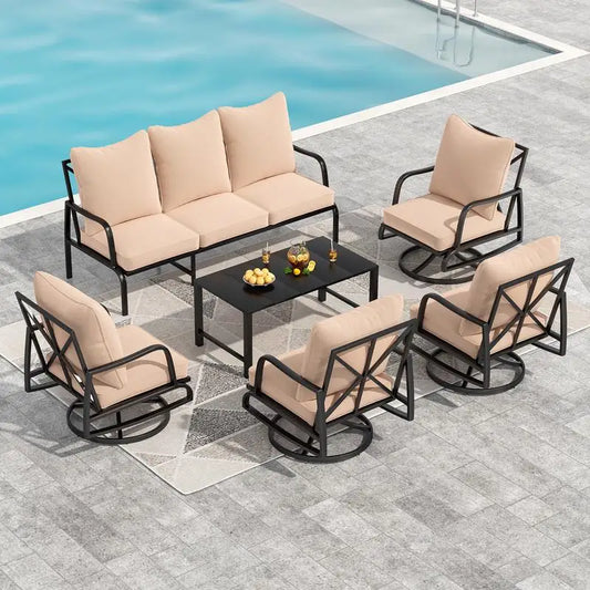 5-Pc Outdoor Patio Furniture Set: 2 Swivel Chairs, 3-Seat Sofa, 2-Seat Sofa, Coffee Table, Metal, for Porch,