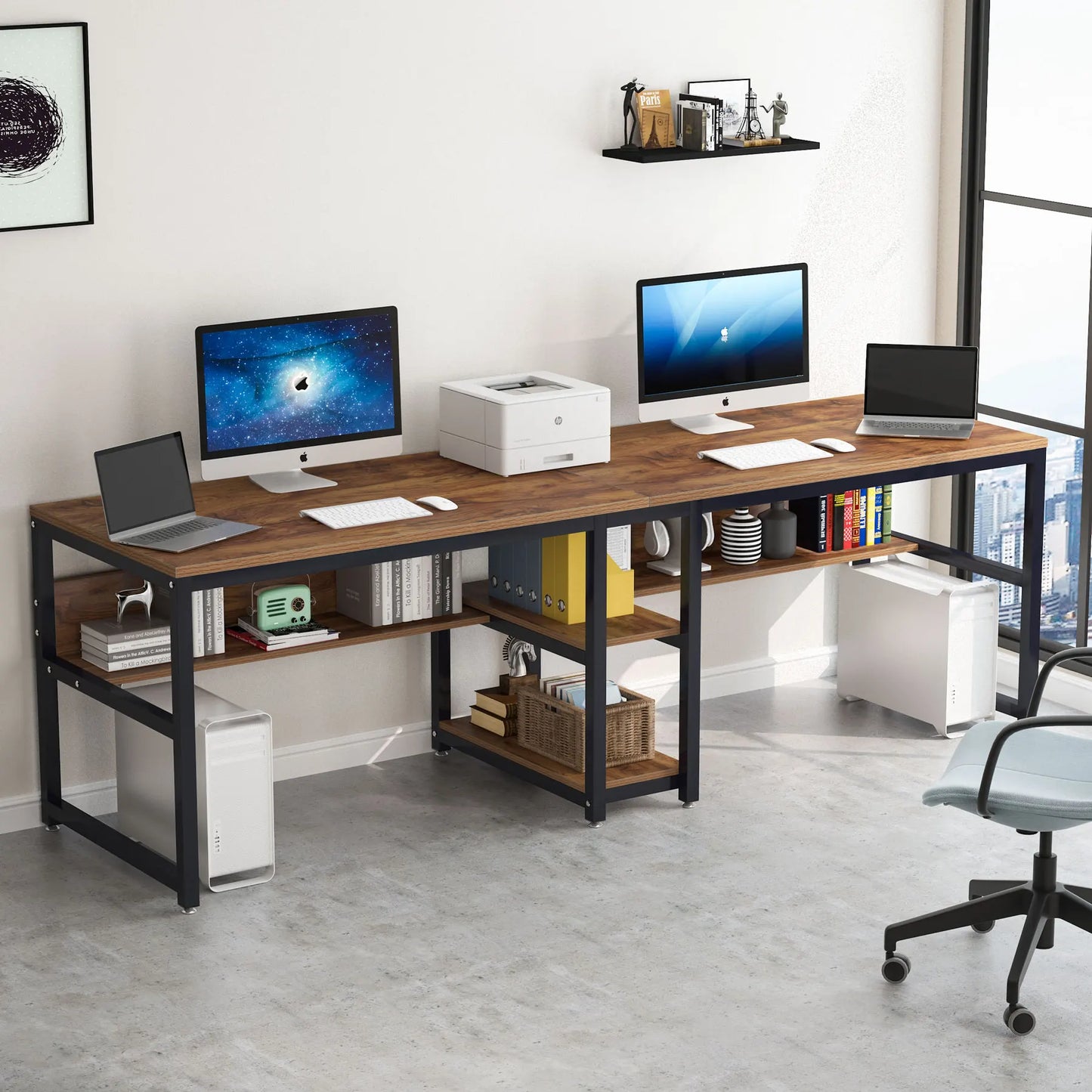 Two Person Desk with Bookshelf,  Computer Office Double Desk for Two Person, Rustic Writing Desk Workstation