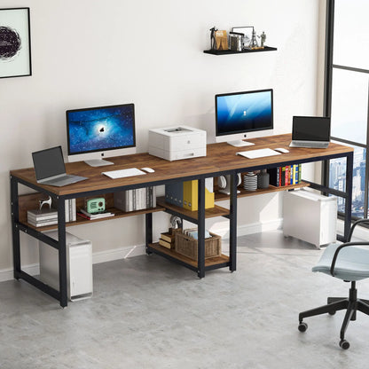 Two Person Desk with Bookshelf,  Computer Office Double Desk for Two Person, Rustic Writing Desk Workstation