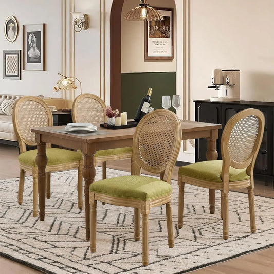 French Dining Chairs Set of 4, Dining Chair with Round Back, Wood Leg Farmhouse Country Rattan Dining Chair for Kitchen,
