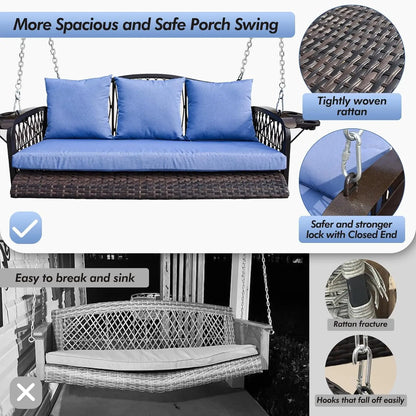 Wicker Porch Swing Heavy Duty 900 LBS 3-Seat Outdoor Patio Swing Chair with Cushions & 8.9ft Chains Outdoor Hanging,