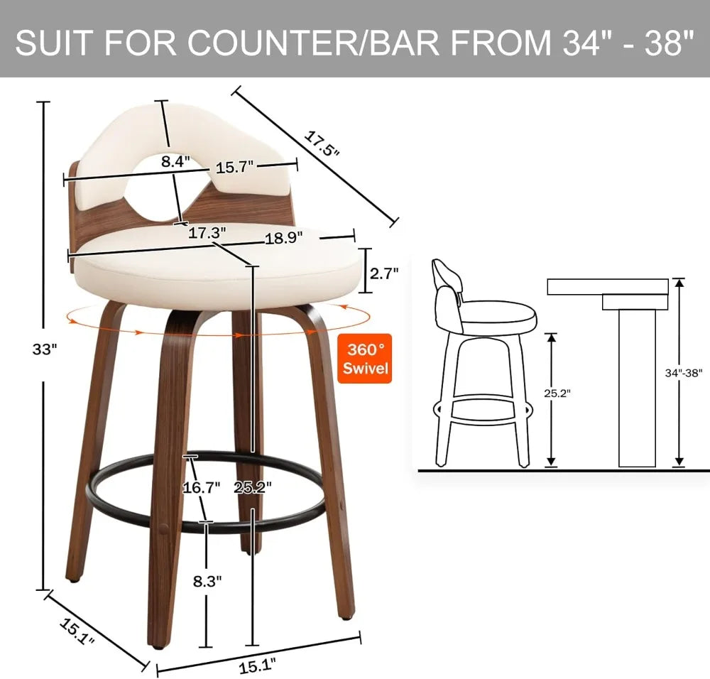 26" Swivel Bar Stools Set of 2,Mid Century Modern Beige Faux Leather Barstools, Wood Counter Height Bar Chairs with Low Back
